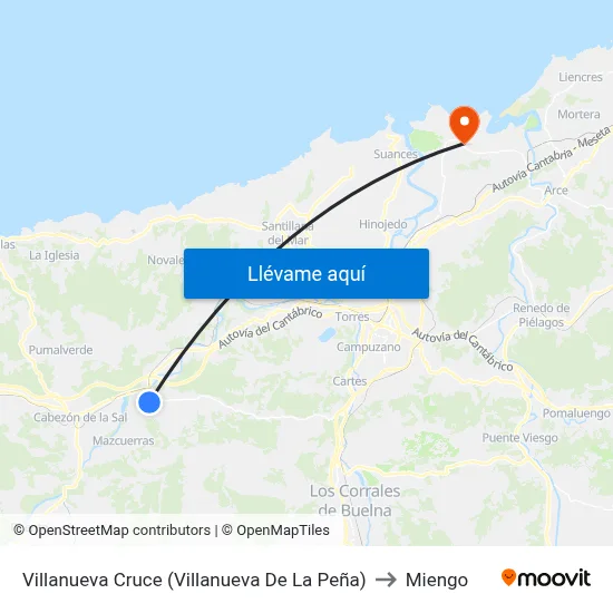 Villanueva Cruce (Villanueva De La Peña) to Miengo map
