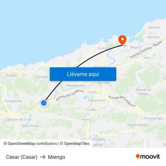 Casar (Casar) to Miengo map