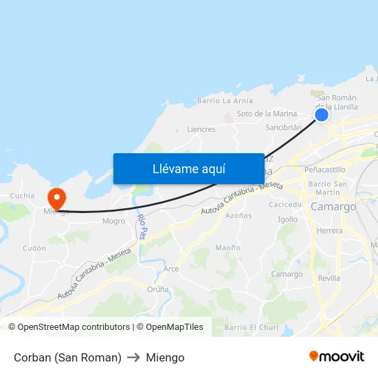 Corban (San Roman) to Miengo map