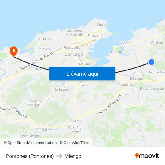 Pontones (Pontones) to Miengo map