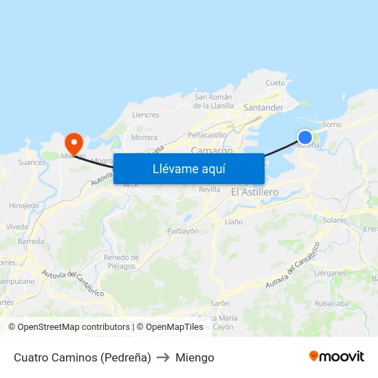 Cuatro Caminos (Pedreña) to Miengo map