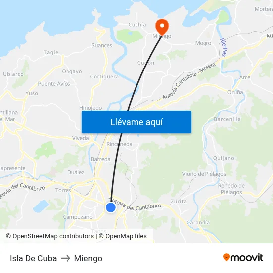 Isla De Cuba to Miengo map