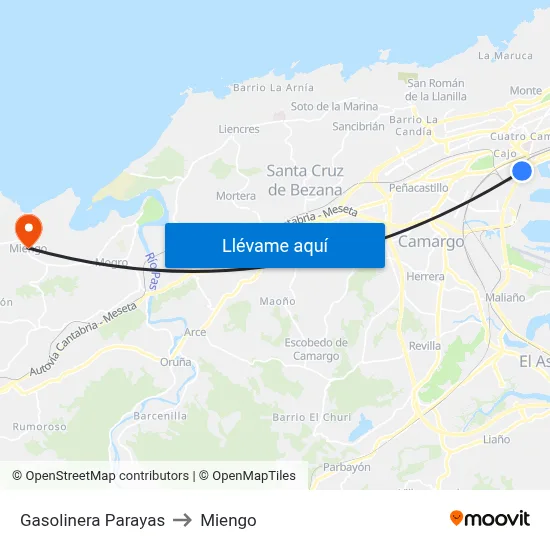 Gasolinera Parayas to Miengo map