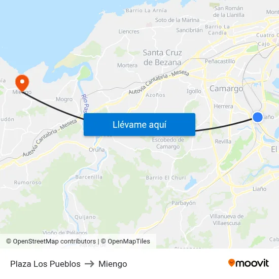 Plaza Los Pueblos to Miengo map