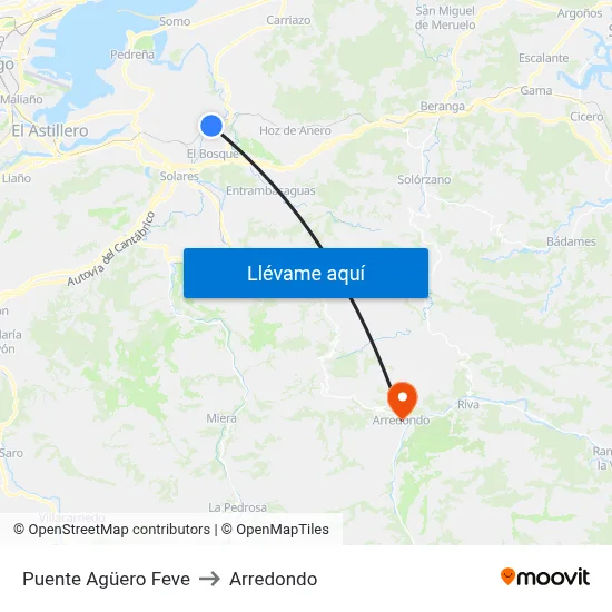 Puente Agüero Feve to Arredondo map
