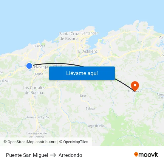 Puente San Miguel to Arredondo map