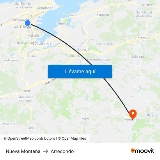 Nueva Montaña to Arredondo map