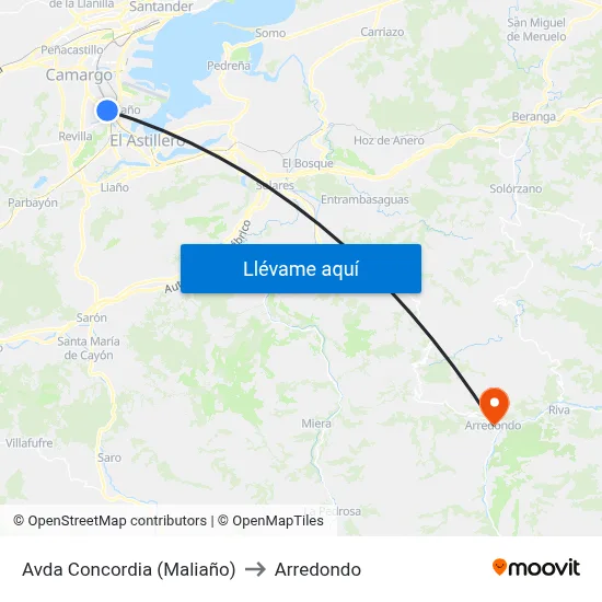 Avda Concordia (Maliaño) to Arredondo map
