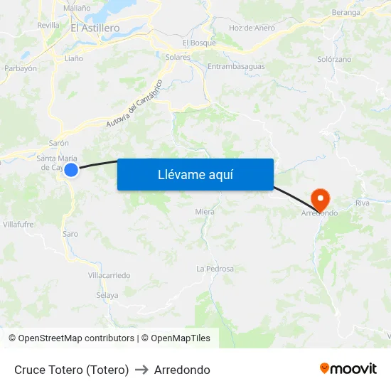 Cruce Totero (Totero) to Arredondo map