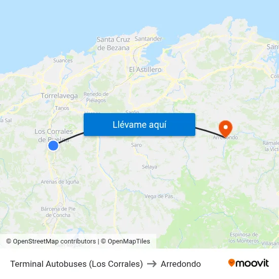 Terminal Corrales (Los Corrales) to Arredondo map