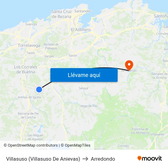 Villasuso (Villasuso De Anievas) to Arredondo map