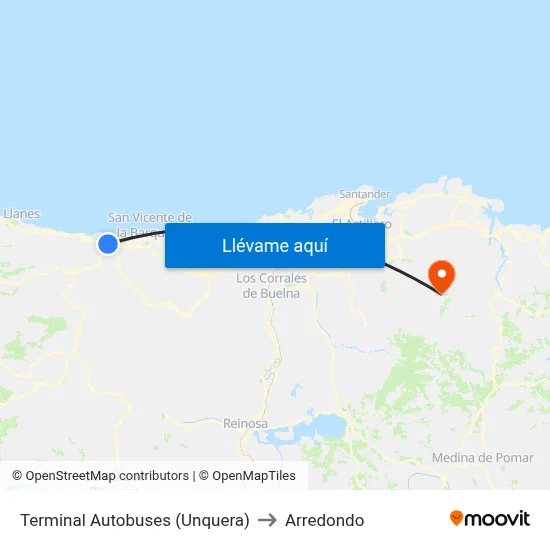Terminal Autobuses (Unquera) to Arredondo map