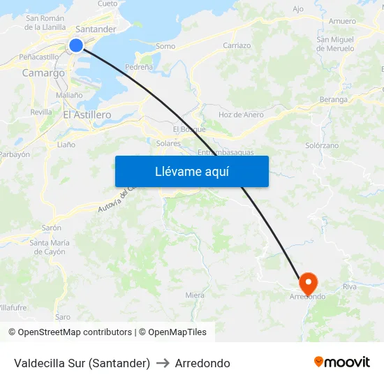 Valdecilla Sur (Santander) to Arredondo map