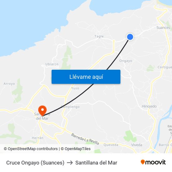 Cruce Ongayo (Suances) to Santillana del Mar map