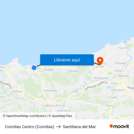 Comillas Centro (Comillas) to Santillana del Mar map