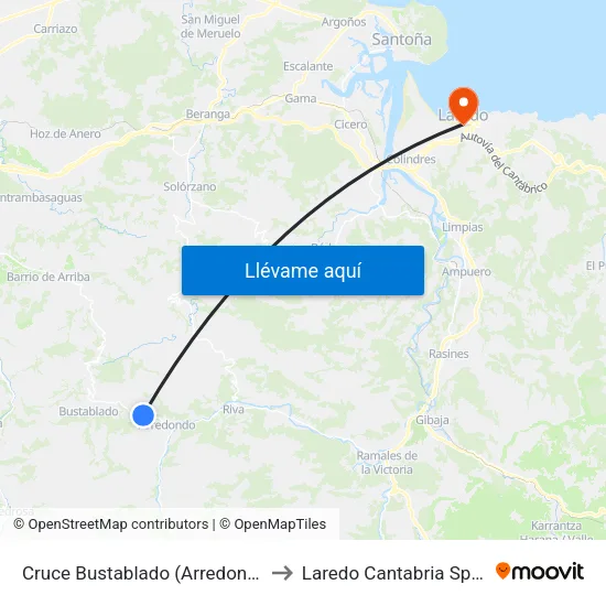 Cruce Bustablado (Arredondo) to Laredo Cantabria Spain map