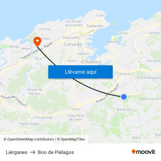Liérganes to Boo de Piélagos map