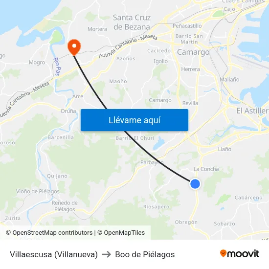 Villaescusa (Villanueva) to Boo de Piélagos map