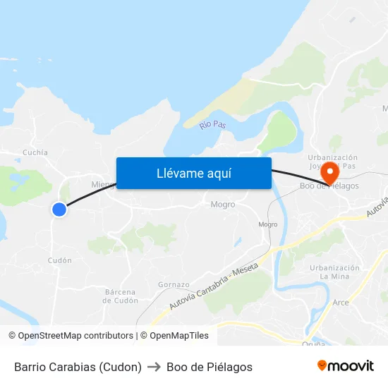 Barrio Carabias (Cudon) to Boo de Piélagos map