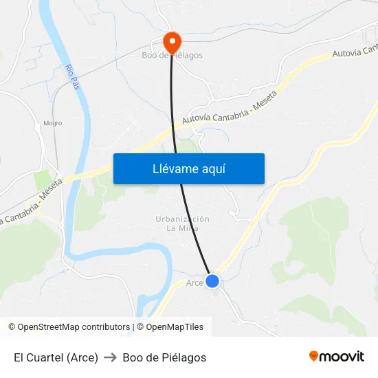 El Cuartel (Arce) to Boo de Piélagos map