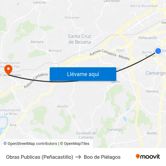 Obras Publicas (Peñacastillo) to Boo de Piélagos map