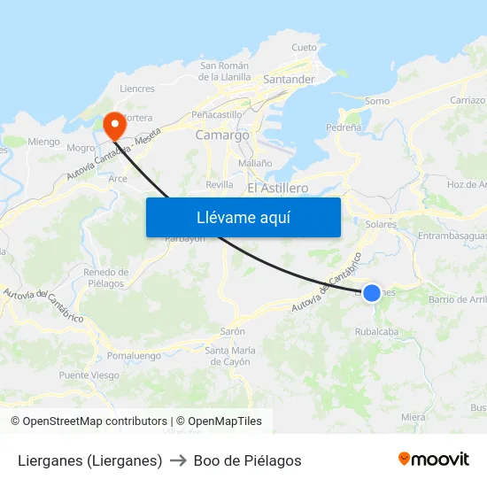 Lierganes (Lierganes) to Boo de Piélagos map