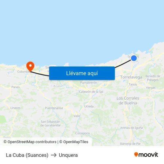 La Cuba (Suances) to Unquera map