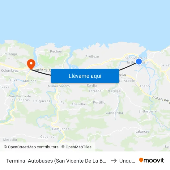 Terminal Autobuses (San Vicente De La Barquera) to Unquera map