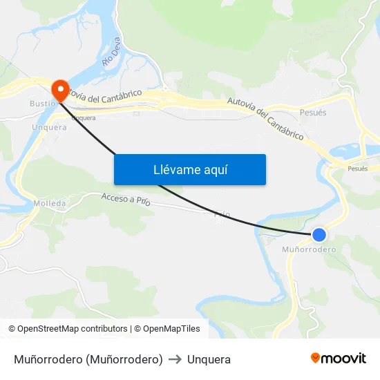 Muñorrodero (Muñorrodero) to Unquera map