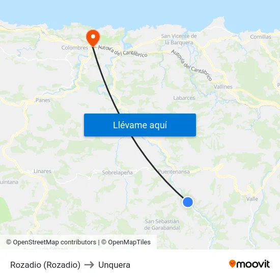 Rozadio (Rozadio) to Unquera map