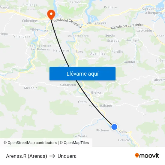 Arenas.R (Arenas) to Unquera map