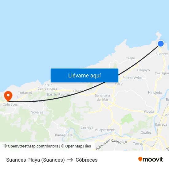 Suances Playa (Suances) to Cóbreces map