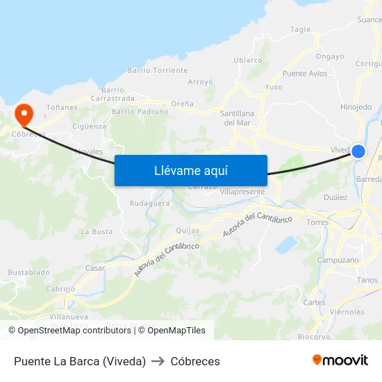 Puente La Barca (Viveda) to Cóbreces map