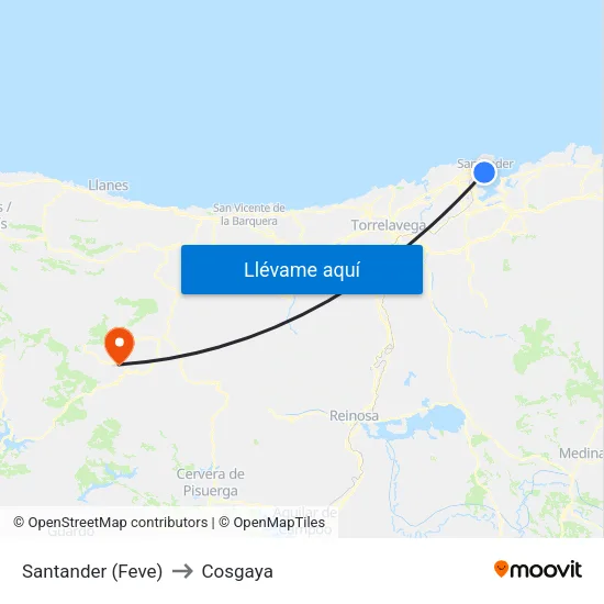 Santander (Feve) to Cosgaya map