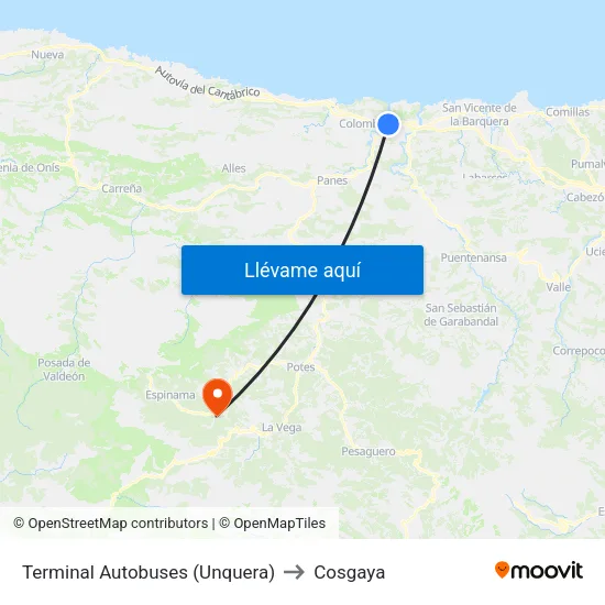 Terminal Autobuses (Unquera) to Cosgaya map
