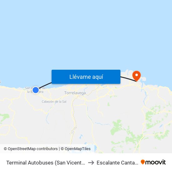 Terminal Autobuses (San Vicente De La Barquera) to Escalante Cantabria Spain map