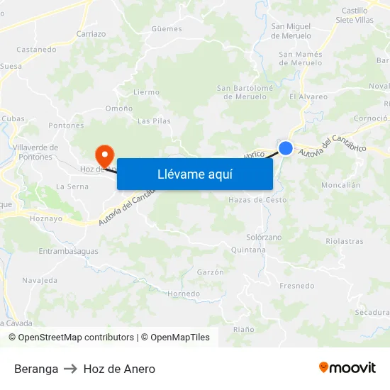 Beranga to Hoz de Anero map