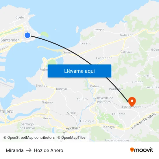 Miranda to Hoz de Anero map