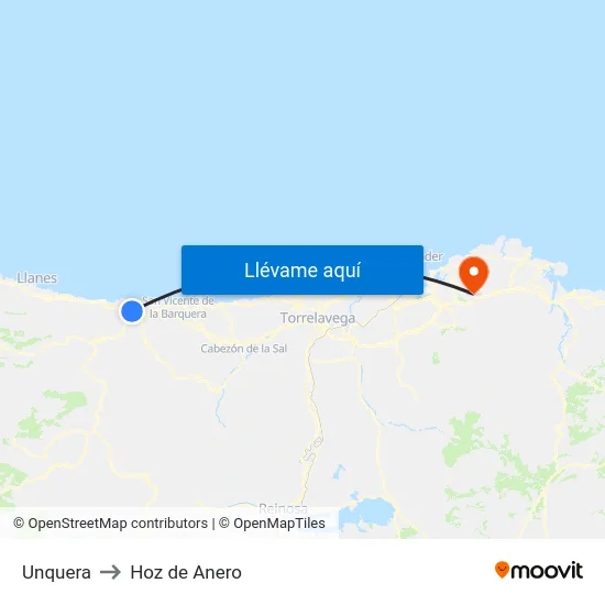 Unquera to Hoz de Anero map