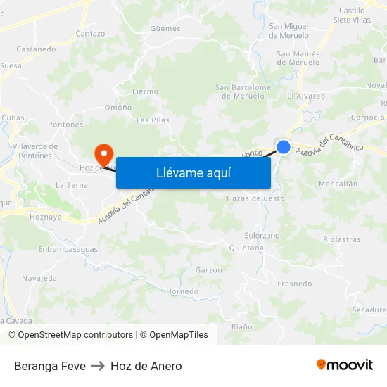 Beranga Feve to Hoz de Anero map