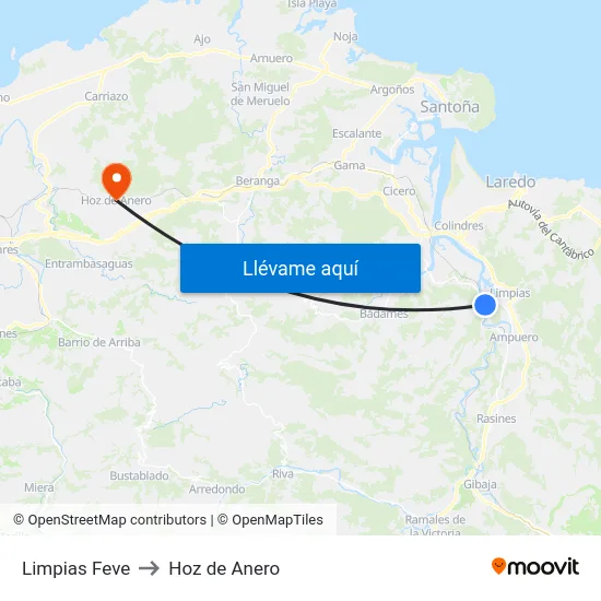 Limpias Feve to Hoz de Anero map