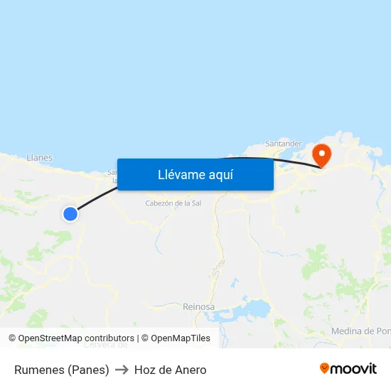 Rumenes (Panes) to Hoz de Anero map