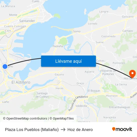 Plaza Los Pueblos (Maliaño) to Hoz de Anero map