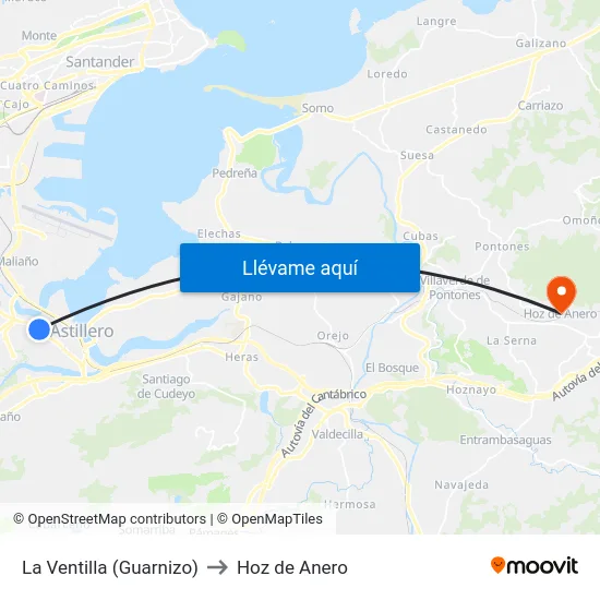 La Ventilla (Guarnizo) to Hoz de Anero map