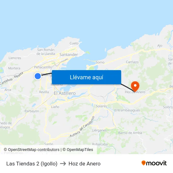 Las Tiendas 2 (Igollo) to Hoz de Anero map