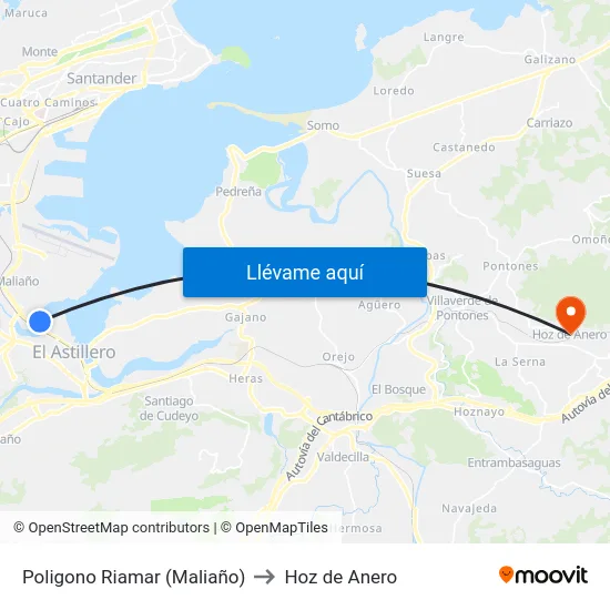 Poligono Riamar (Maliaño) to Hoz de Anero map