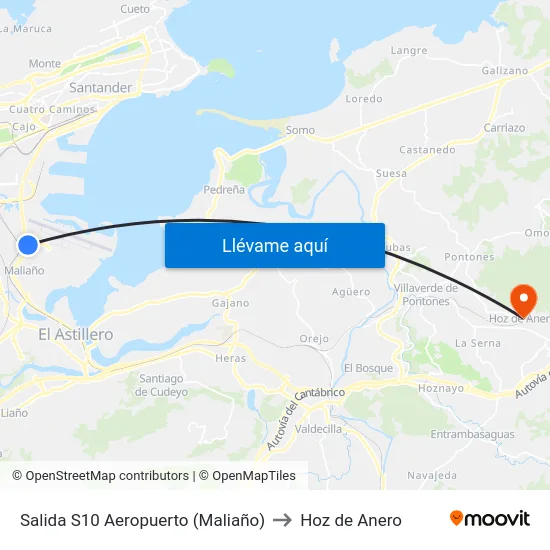 Salida S10 Aeropuerto (Maliaño) to Hoz de Anero map