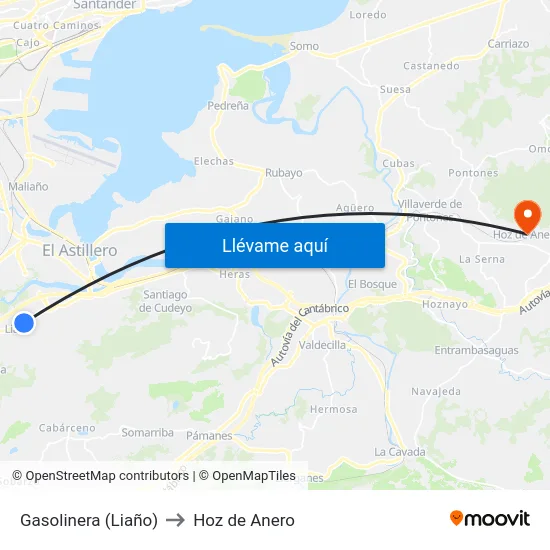 Gasolinera (Liaño) to Hoz de Anero map