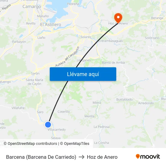 Barcena (Barcena De Carriedo) to Hoz de Anero map