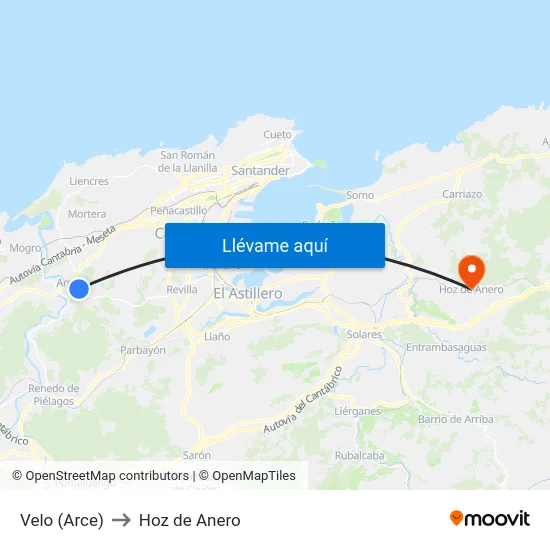 Velo (Arce) to Hoz de Anero map
